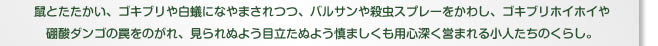 鼠とたたかい、ゴキブリや白蟻になやまされつつ、バルサンや殺虫スプレーをかわし、ゴキブリホイホイや硼酸ダンゴの罠をのがれ、見られぬよう目立たぬよう慎ましくも用心深く営まれる小人たちのくらし。